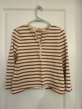 Sezane Cream and Brown Striped Ruffle Henley